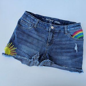 Cat & Jack Embroidered Adj. Waist Jean Shorts Rainbow & Sun EUC Girls L 10/12